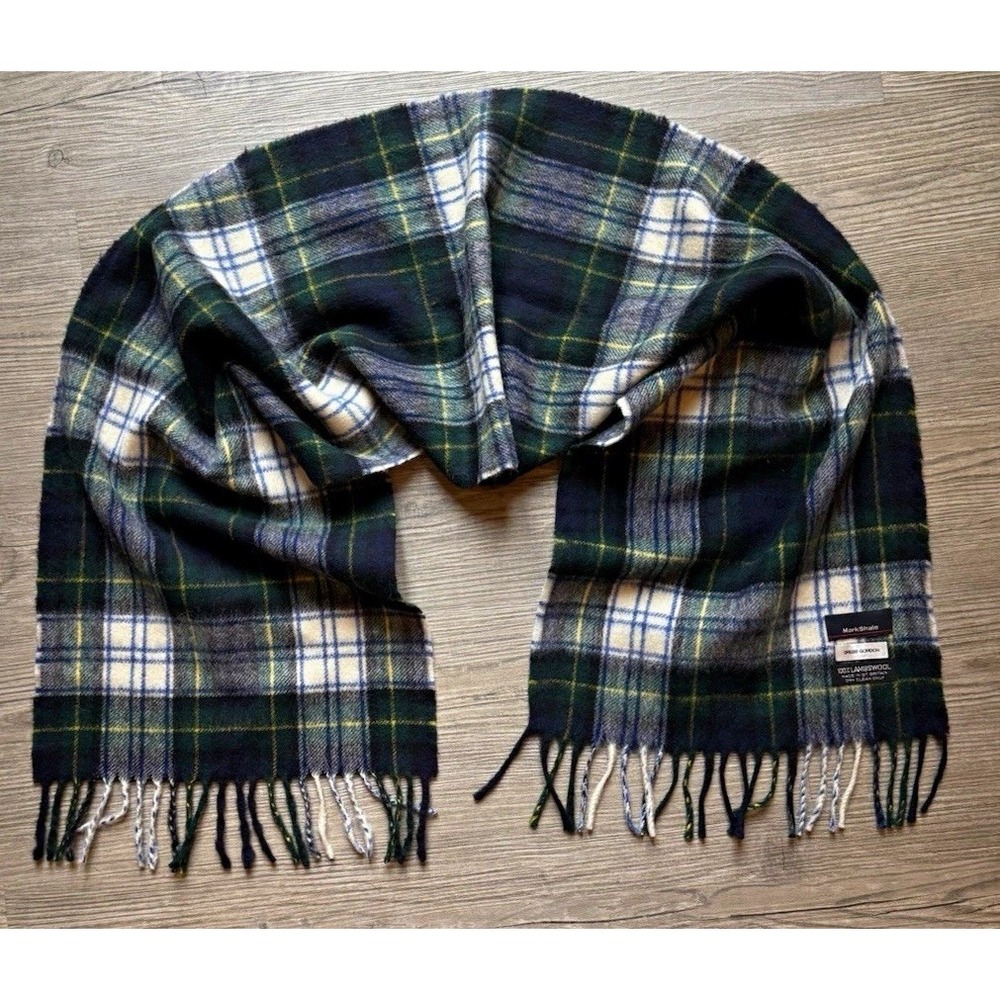 MarkShale 100% Lambswool Plaid Fringe Scarf Green Blue Made in Great Britain